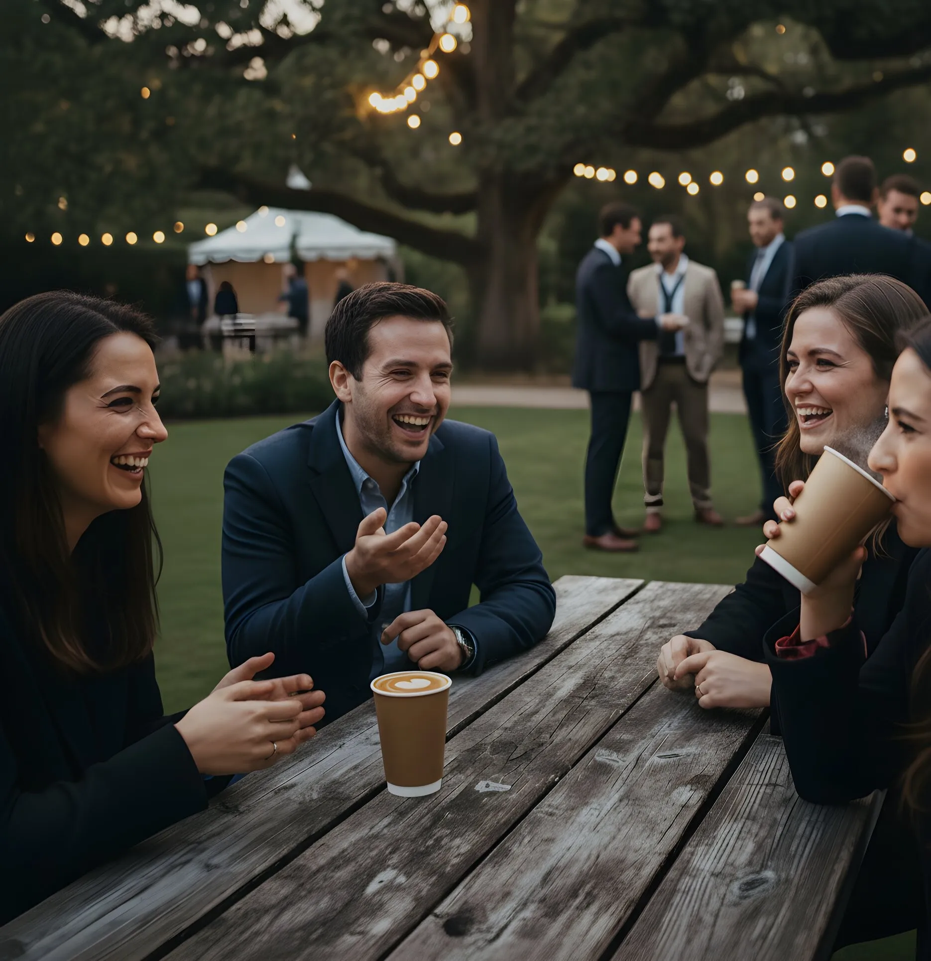 Event attendees enjoying a latte from a mobile coffee bar